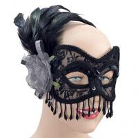 Black Lace Eye Mask with Silver Rose