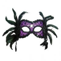 Purple & Black Lace Eyemask with Side Feather