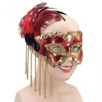 Red Satin Eyemask with Sequins & Feathers