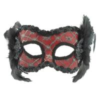 Red & Grey Lace Eyemask with Black Feather
