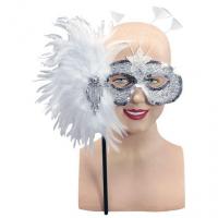 White & Silver Glitter Eyemask with Feathers on Stick