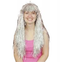 Long Tinsel Wig, Metallic Silver